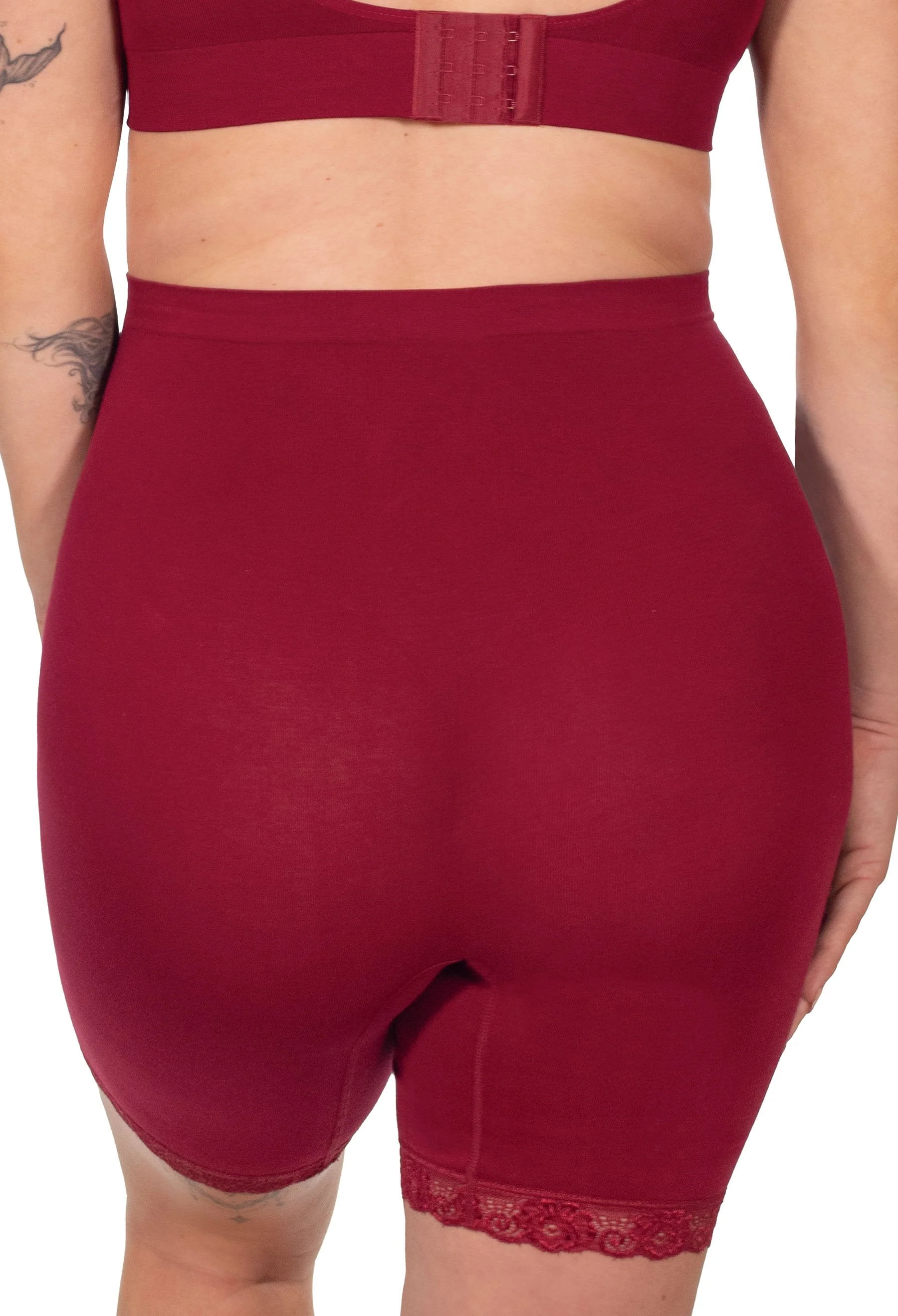 Maternity Anti Chafing High Rise Long Cotton Rich Shorts | Burgundy - Image 3