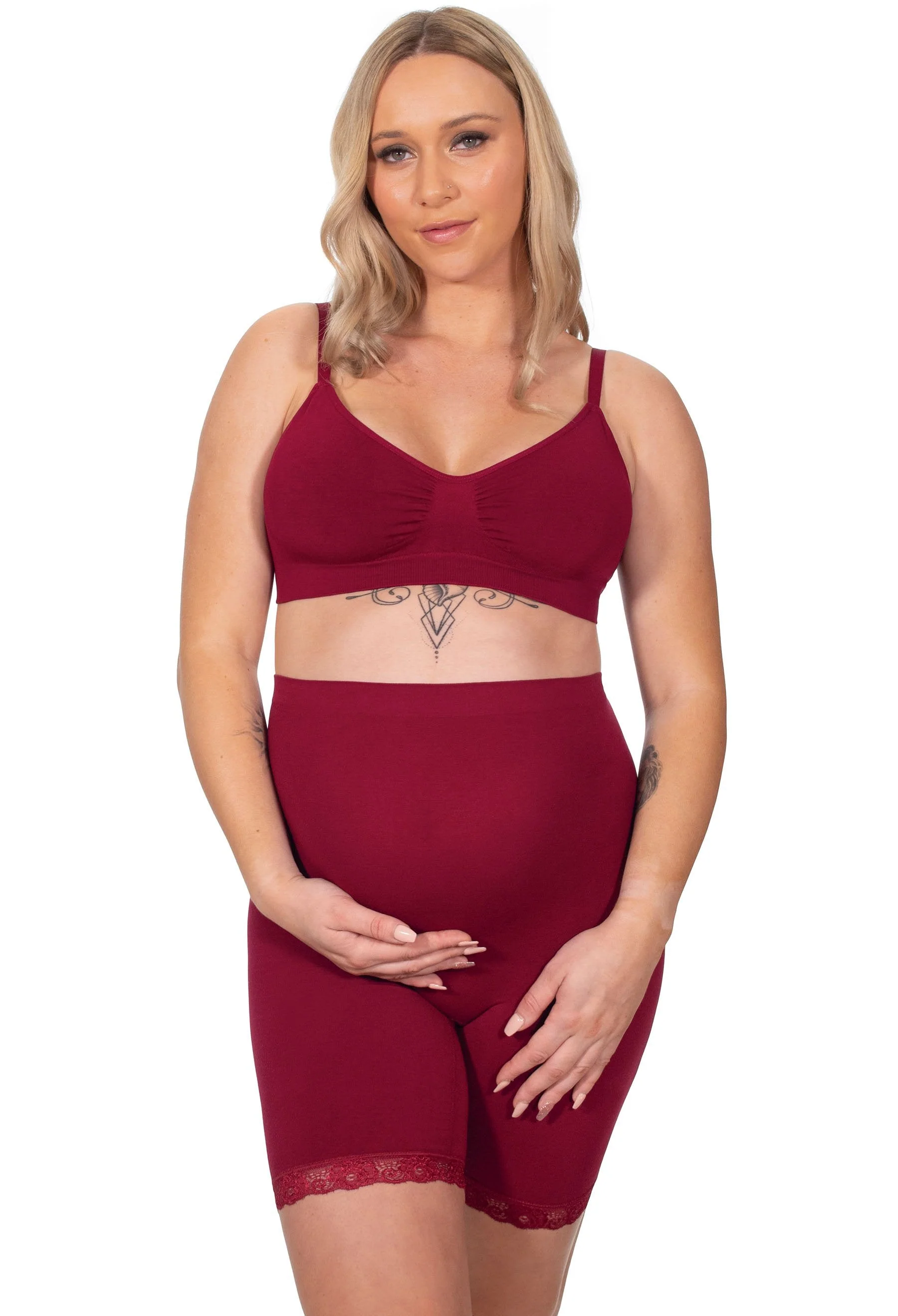 Maternity Anti Chafing High Rise Long Cotton Rich Shorts | Burgundy - Image 4