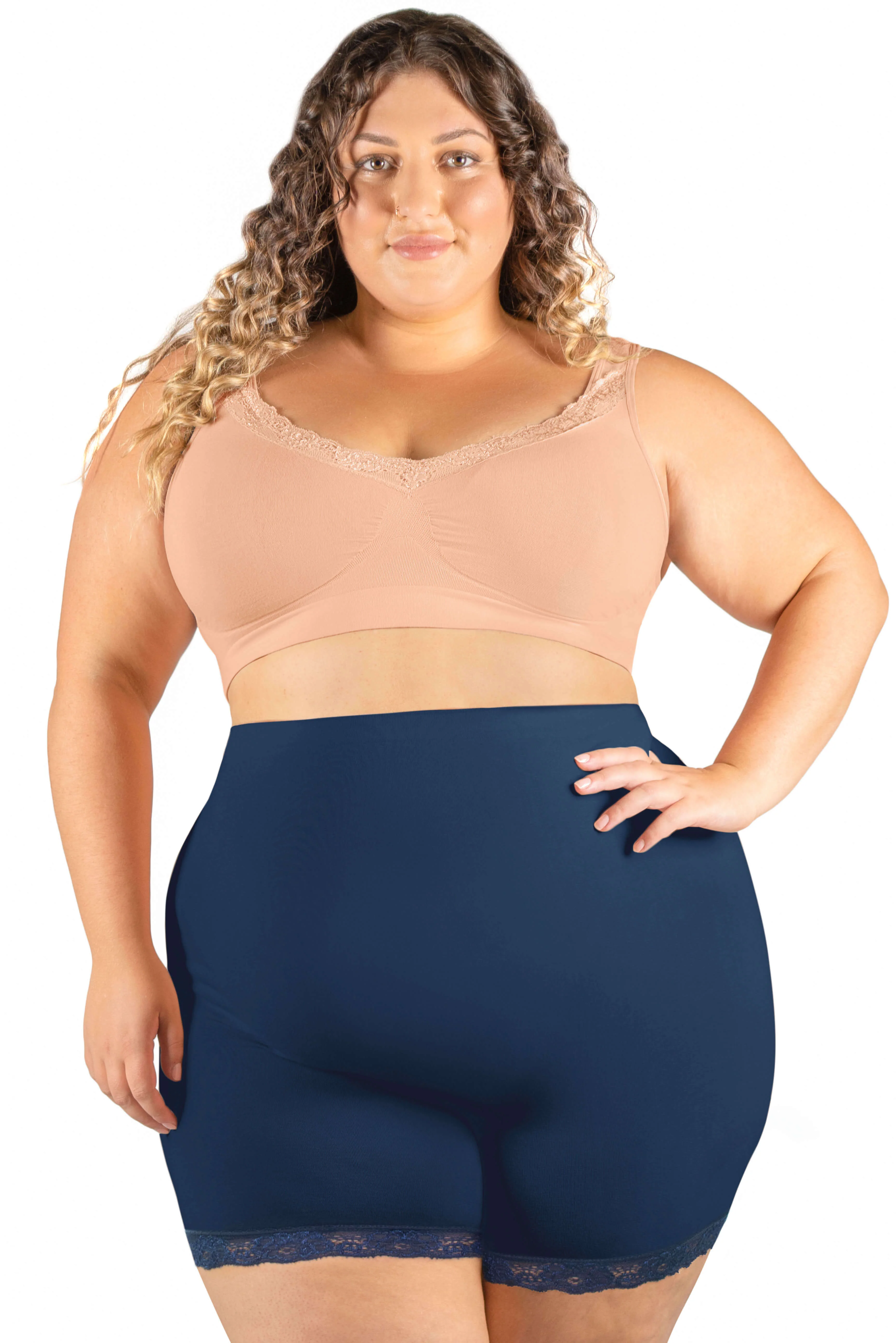 Anti Chafing High Rise Petite Cotton Rich Shorts | Pacific Blue - Image 4