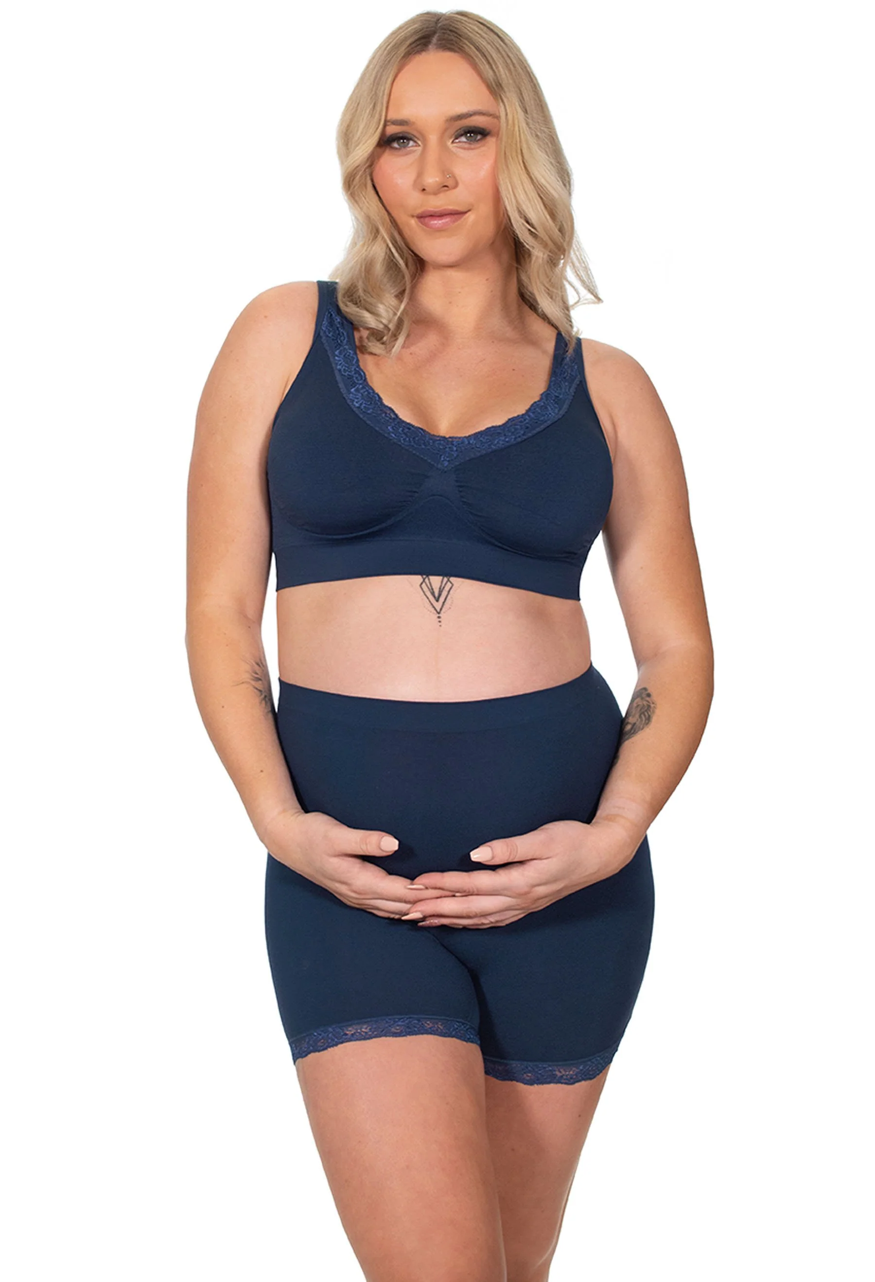 Maternity Anti Chafing High Rise Petite Cotton Rich Shorts | Pacific Blue - Image 3