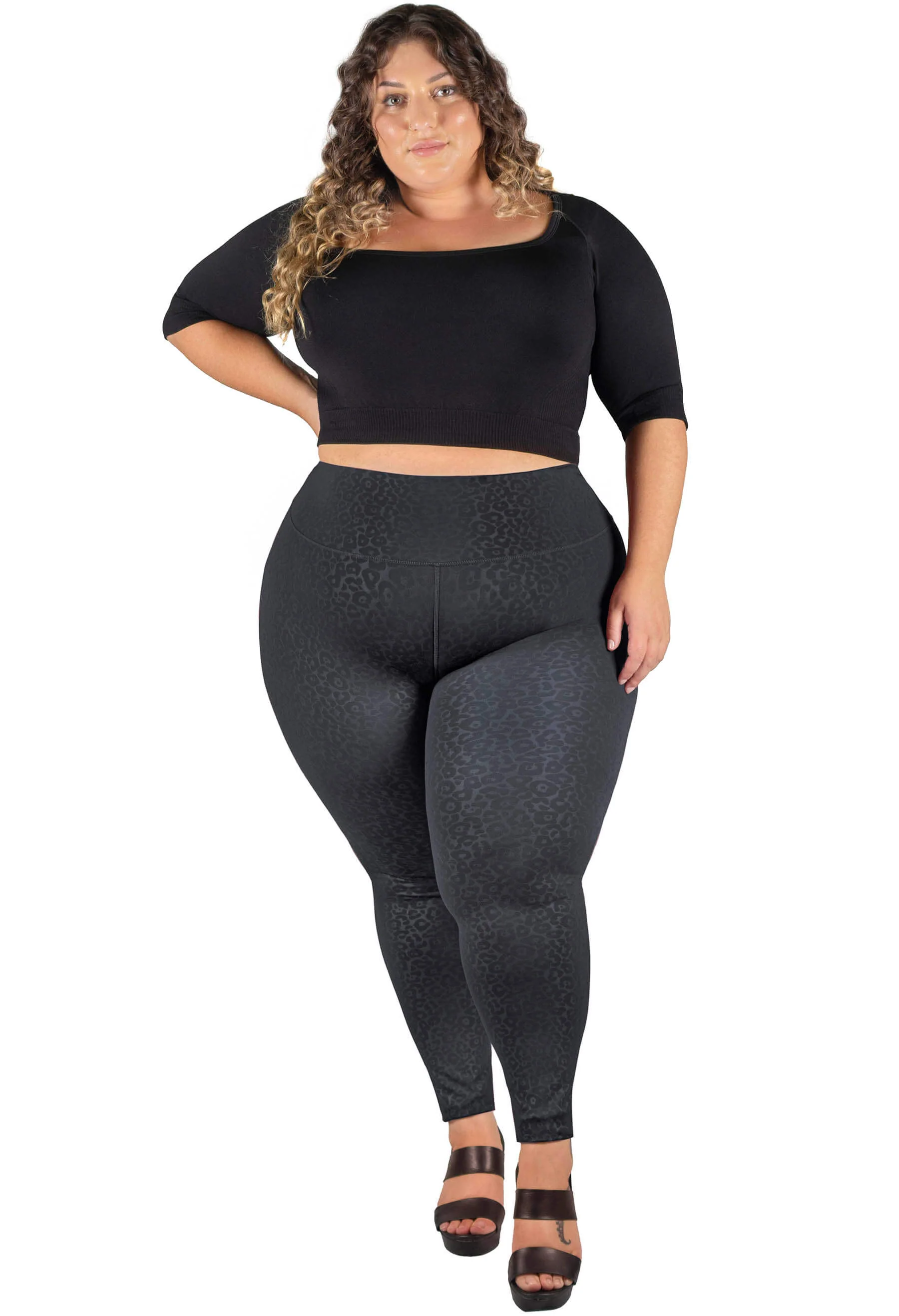 Plus Size High Waisted Black Leopard Print Leggings - Image 3