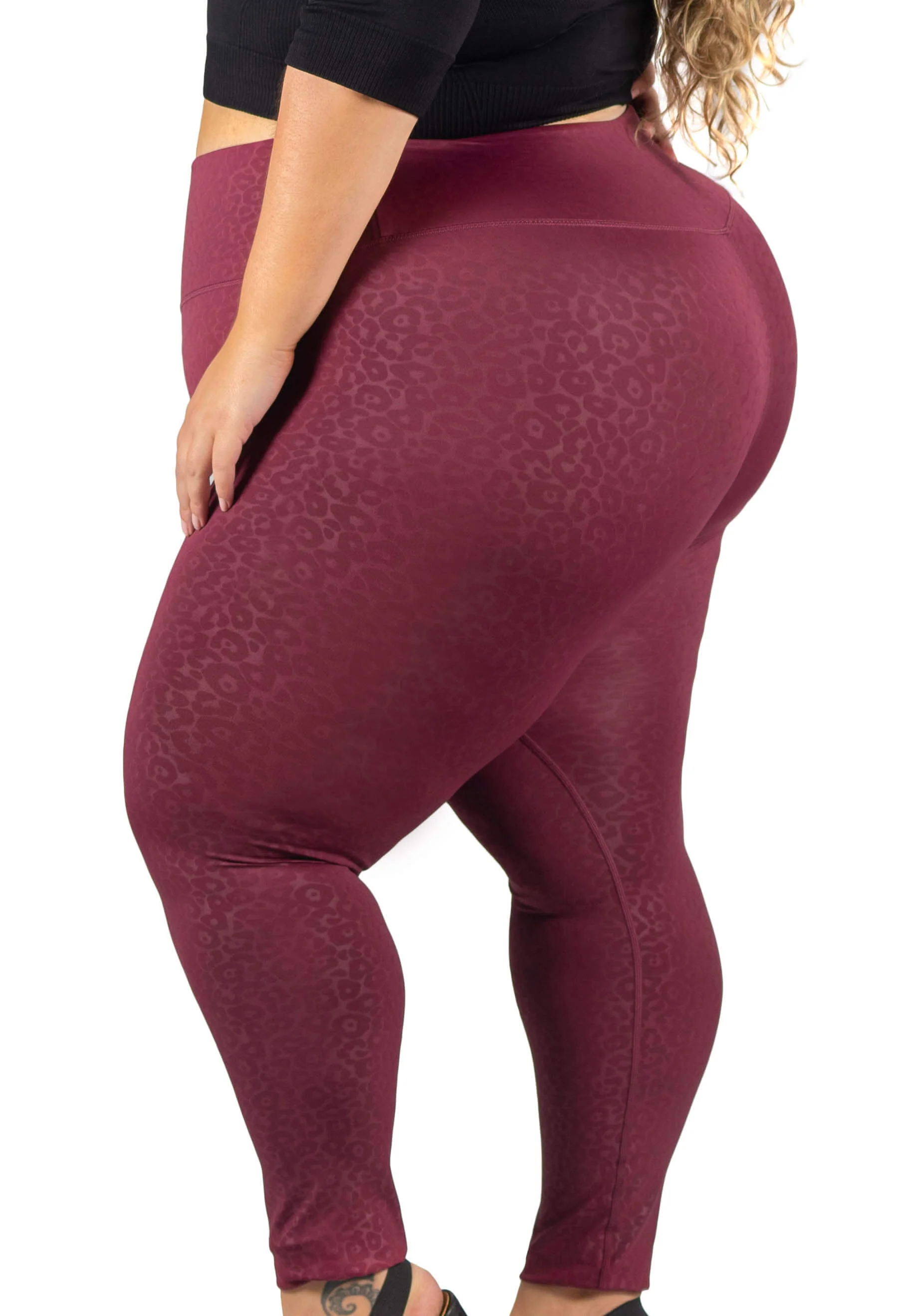 Plus Size High Waisted Burgundy Leopard Print Leggings - Image 2