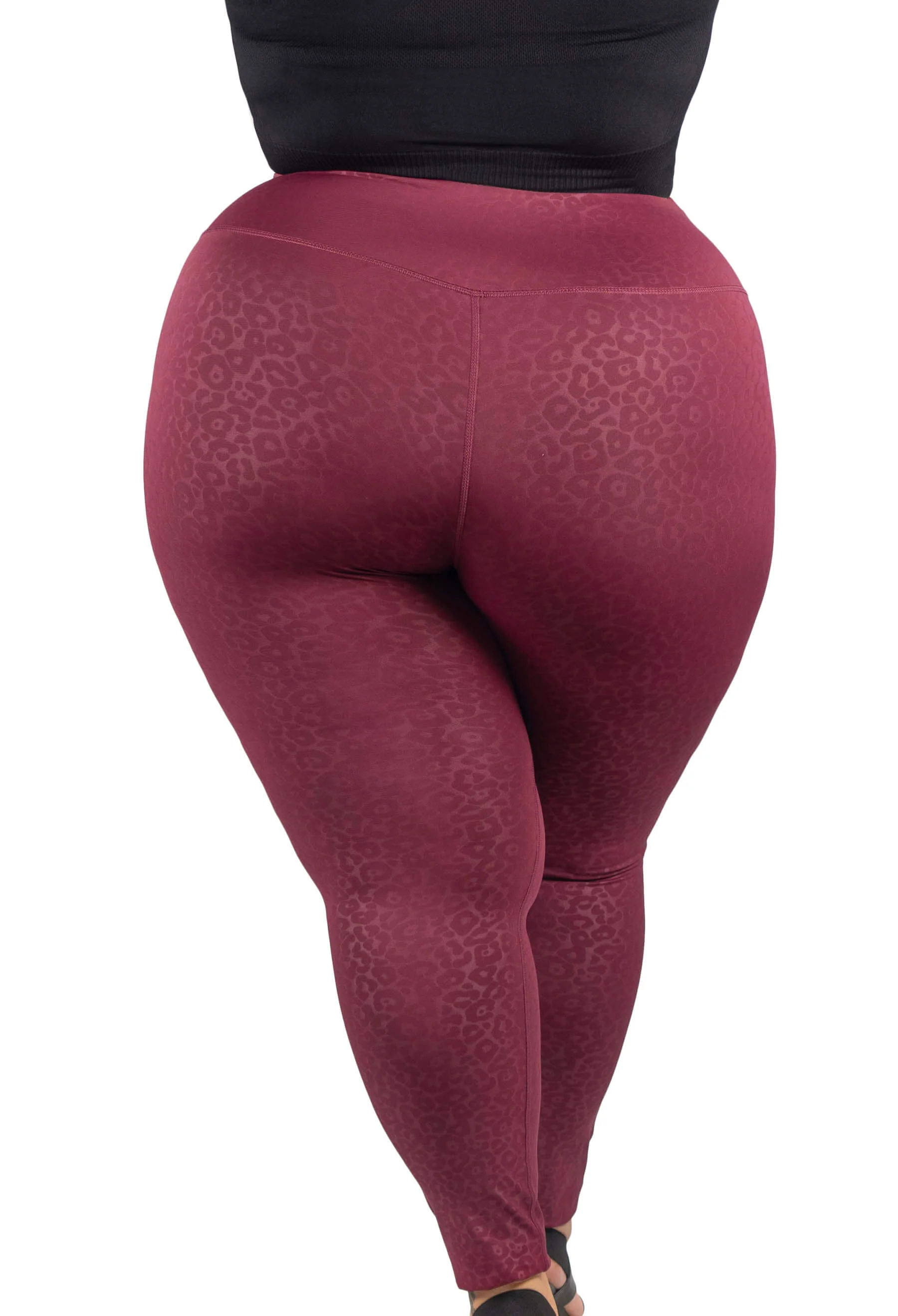 Plus Size High Waisted Burgundy Leopard Print Leggings - Image 3
