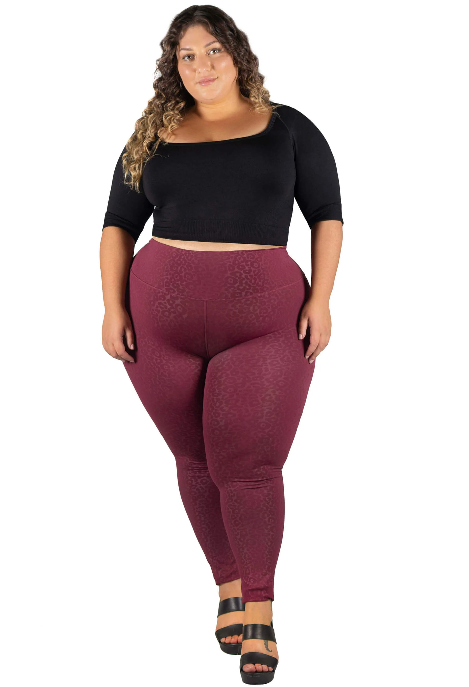Plus Size High Waisted Burgundy Leopard Print Leggings - Image 4