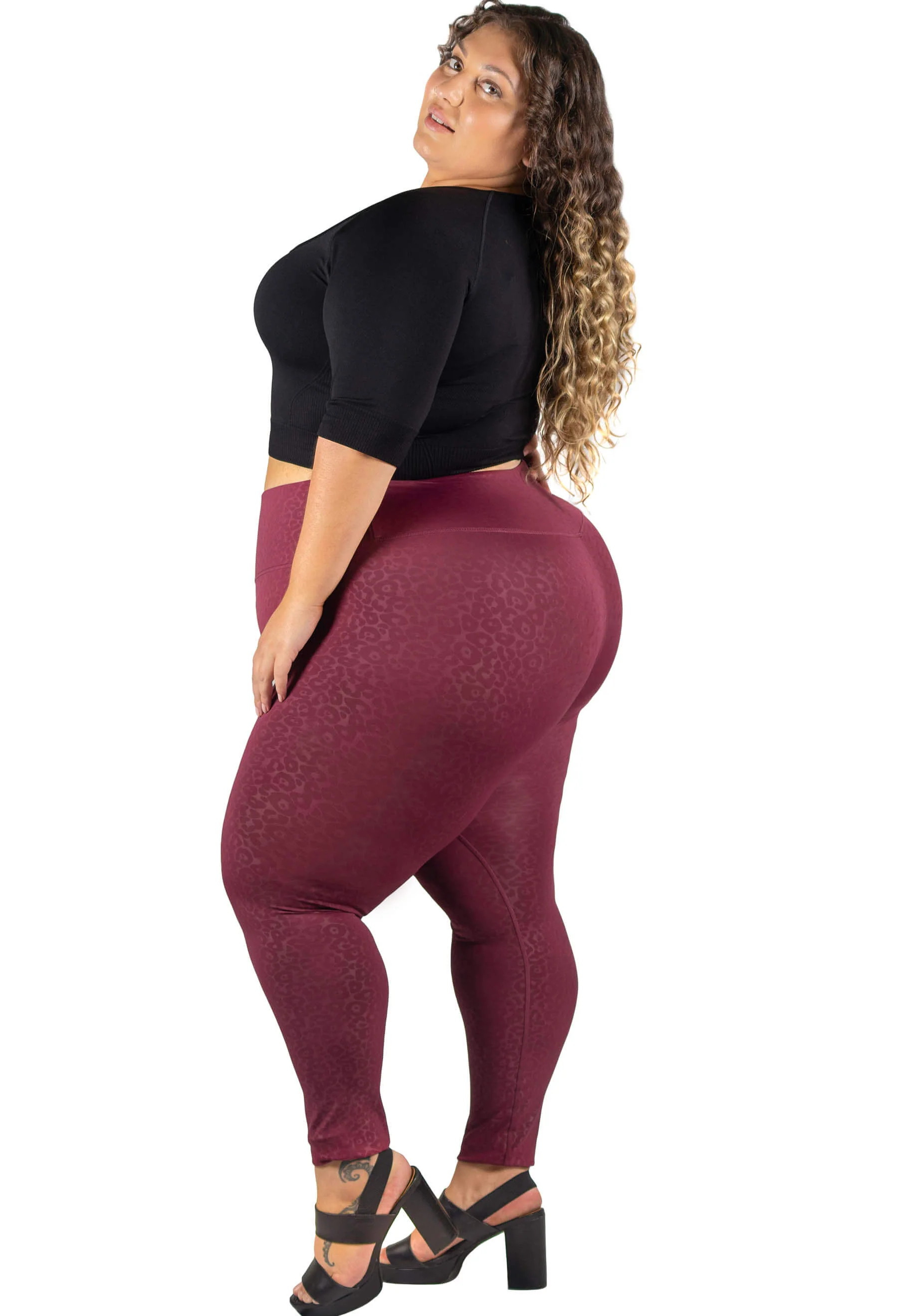 Plus Size High Waisted Burgundy Leopard Print Leggings - Image 5