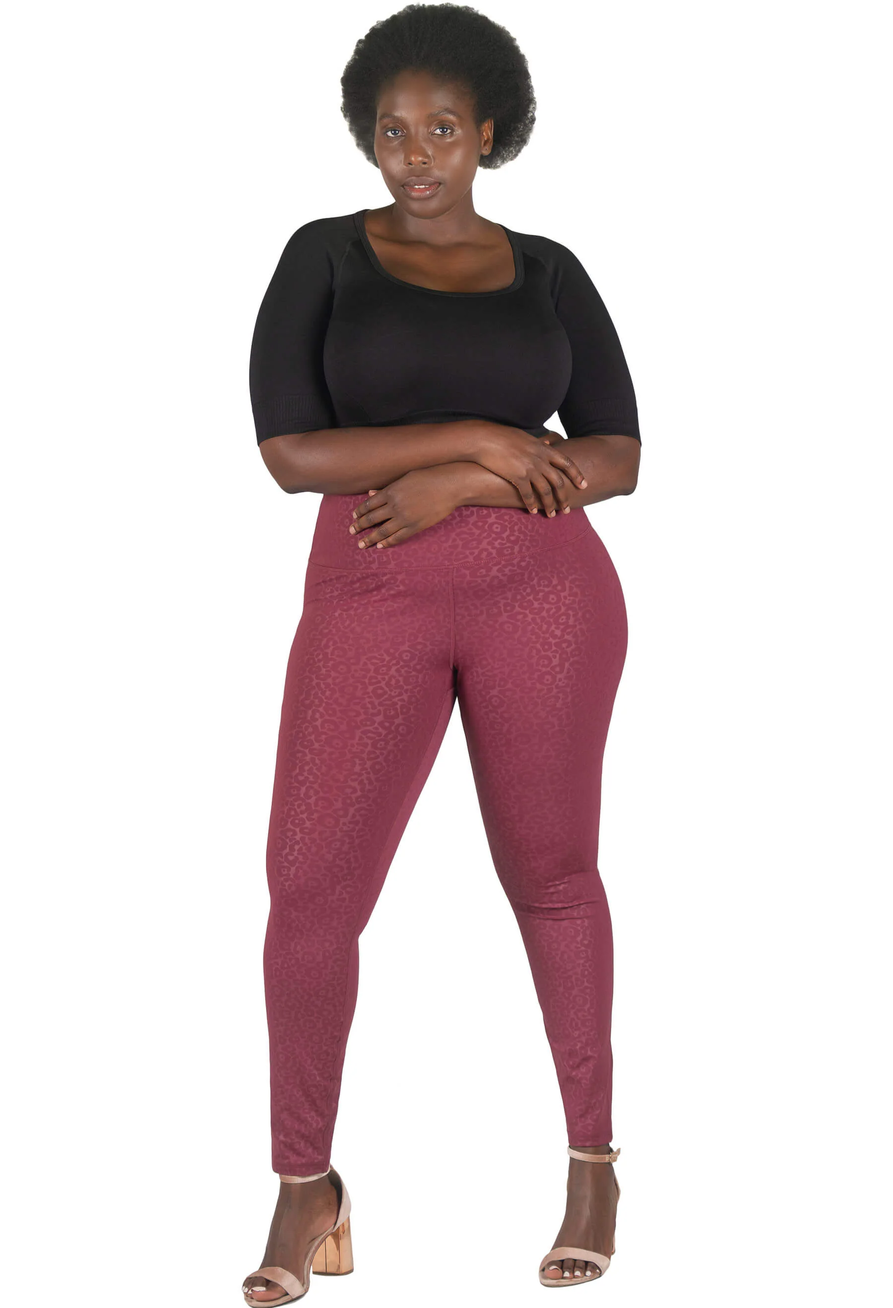 Plus Size High Waisted Burgundy Leopard Print Leggings - Image 6