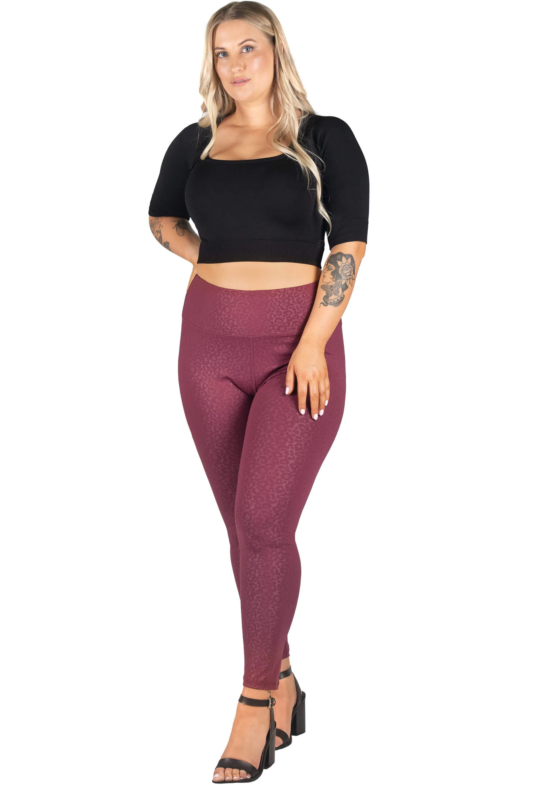 V-Waist Faux Leather Booty Sculpting + High Waisted Black & Burgundy Leopard Print Leggings - 3 PACK - Image 11
