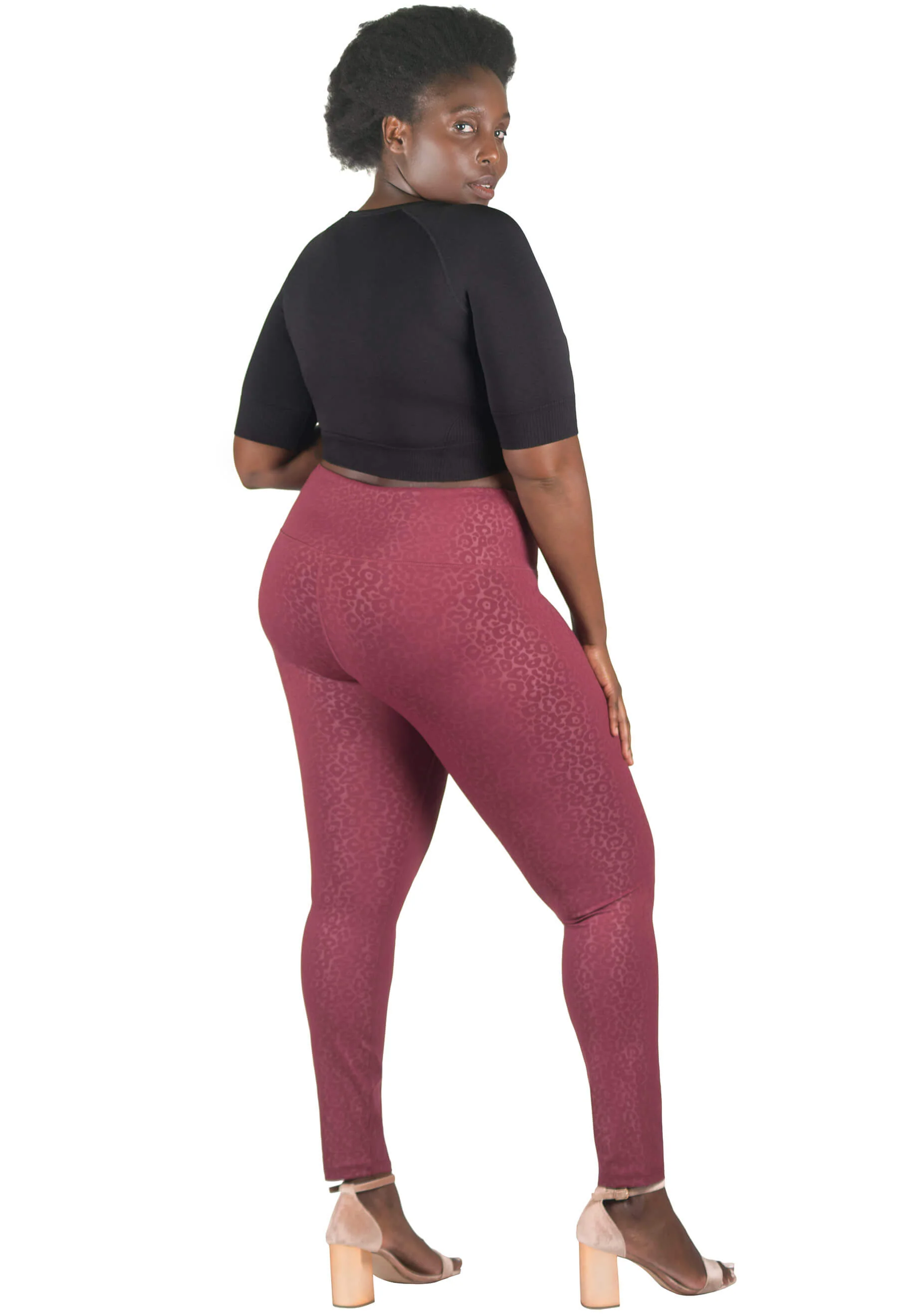 V-Waist Faux Leather Booty Sculpting + High Waisted Black & Burgundy Leopard Print Leggings - 3 PACK - Image 13