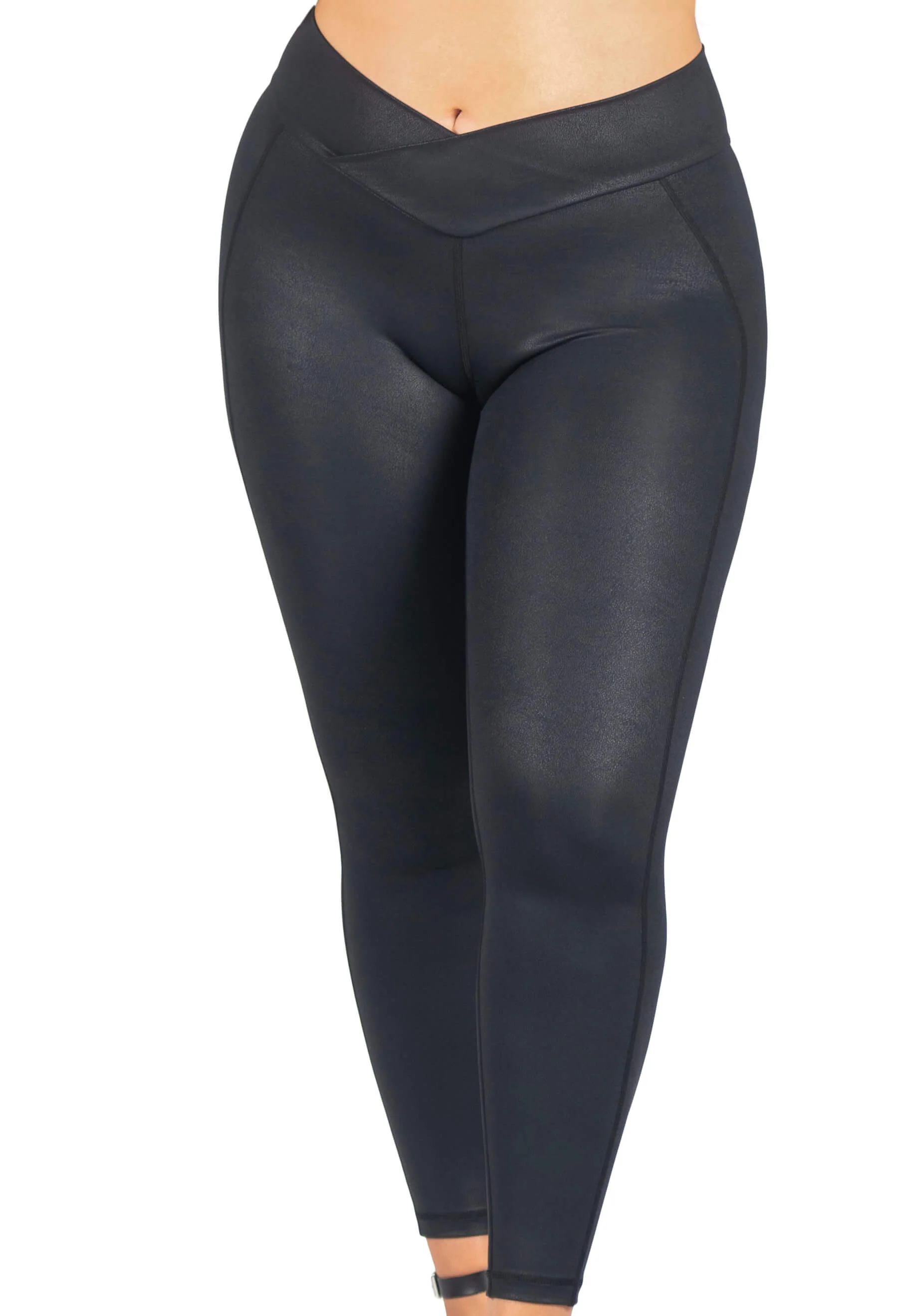 V-Waist Faux Leather Booty Sculpting + High Waisted Black & Burgundy Leopard Print Leggings - 3 PACK - Image 2