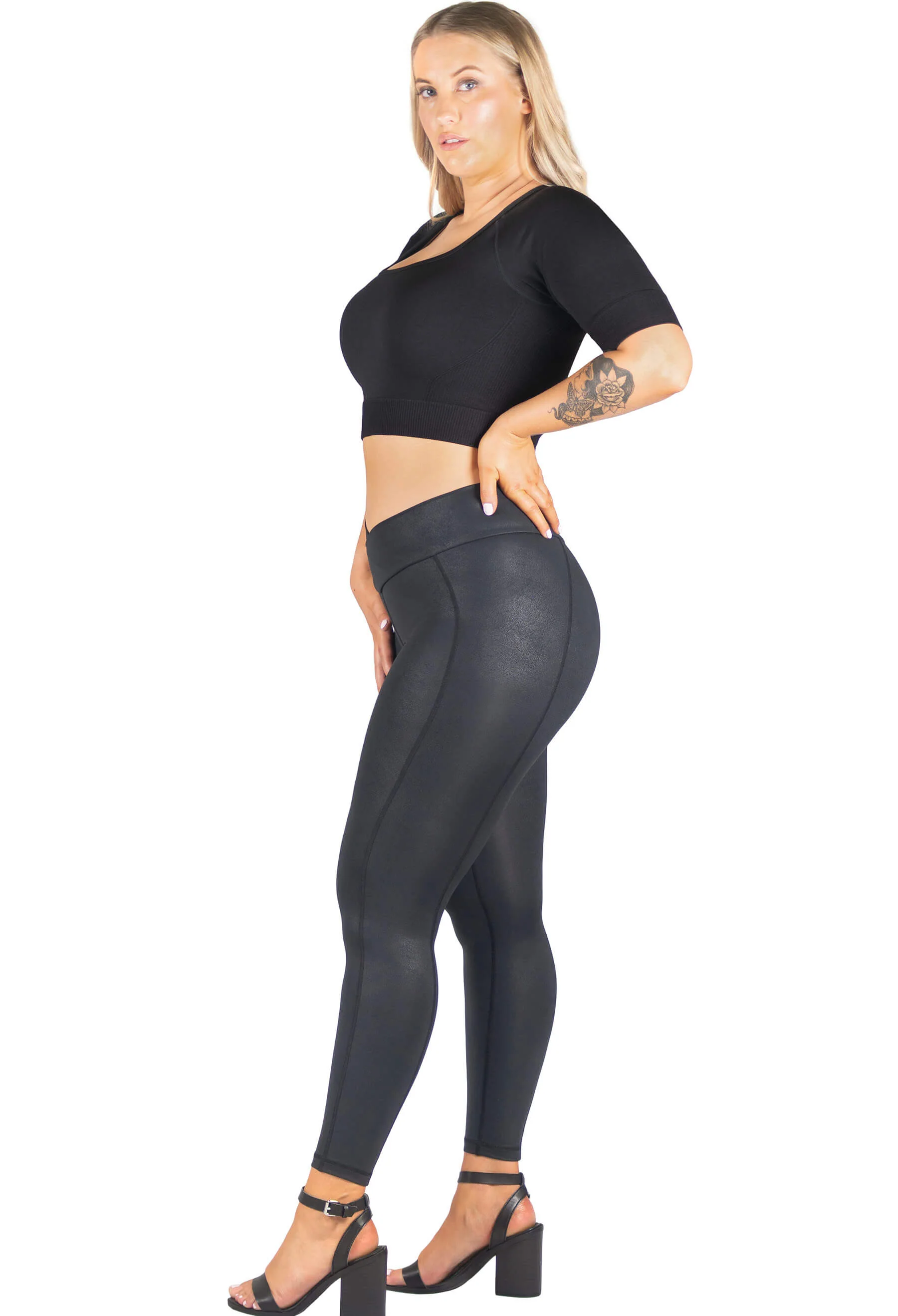 V-Waist Faux Leather Booty Sculpting + High Waisted Black & Burgundy Leopard Print Leggings - 3 PACK - Image 6