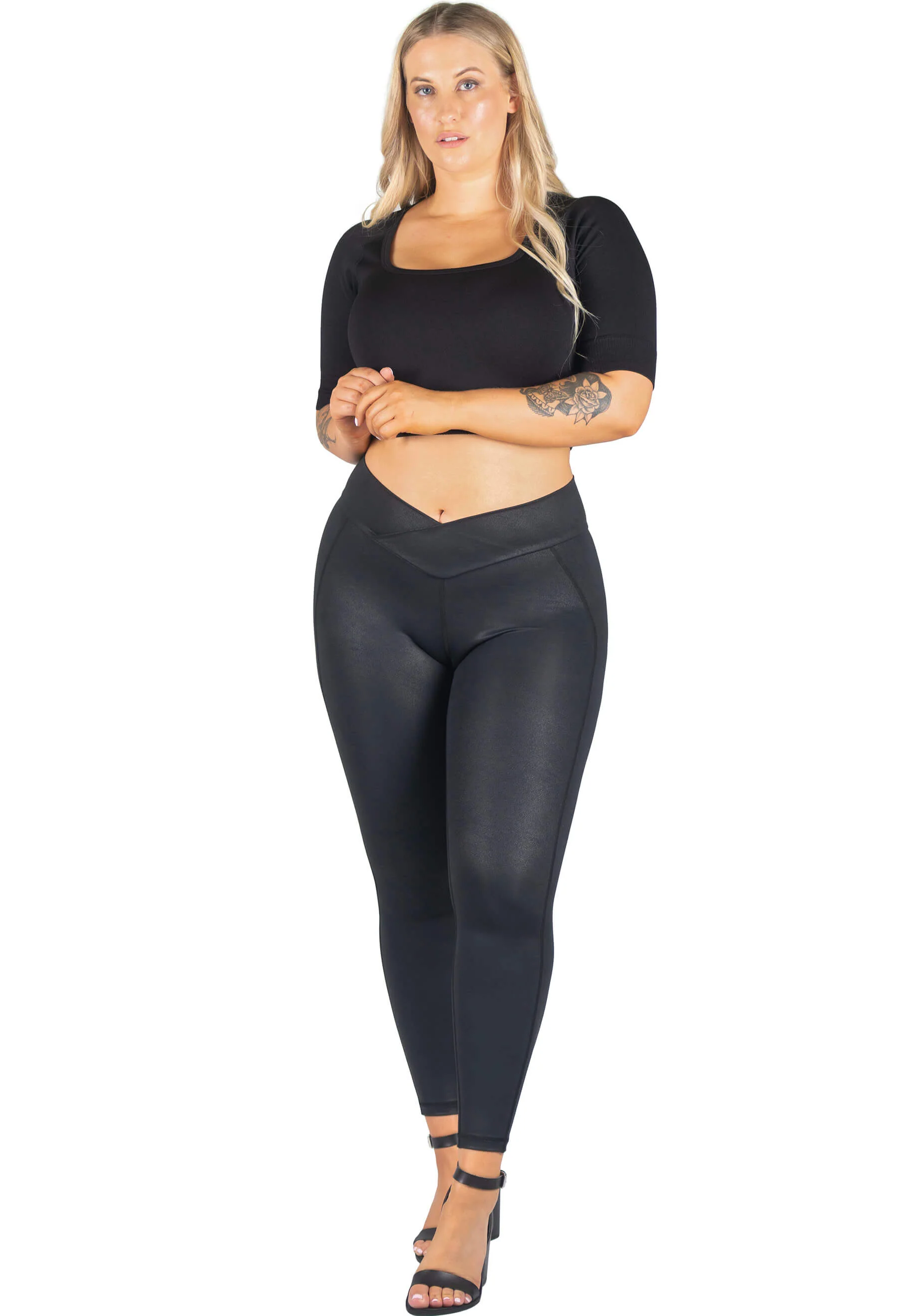 V-Waist Faux Leather Booty Sculpting + High Waisted Black & Burgundy Leopard Print Leggings - 3 PACK - Image 7