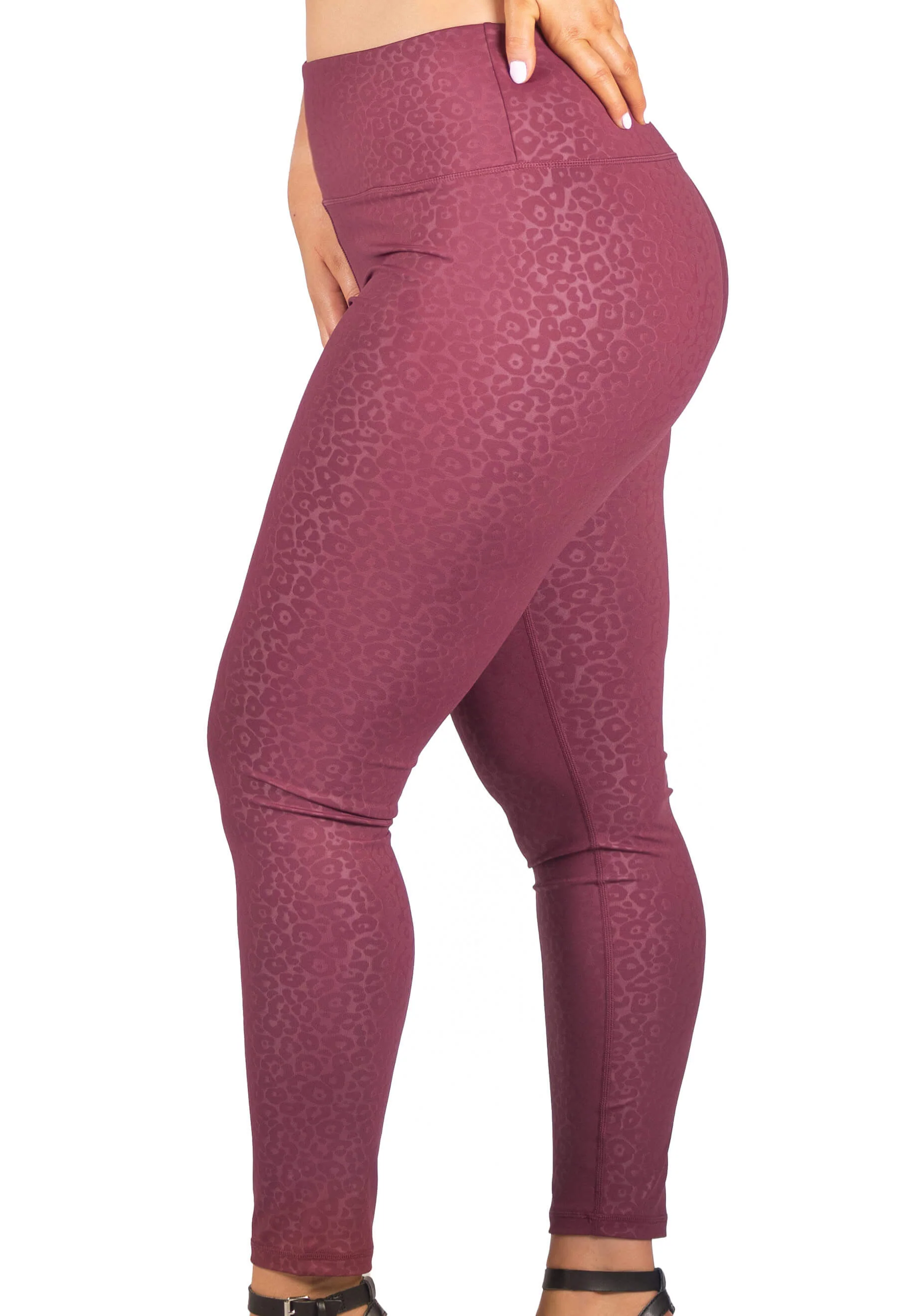 V-Waist Faux Leather Booty Sculpting + High Waisted Black & Burgundy Leopard Print Leggings - 3 PACK - Image 9